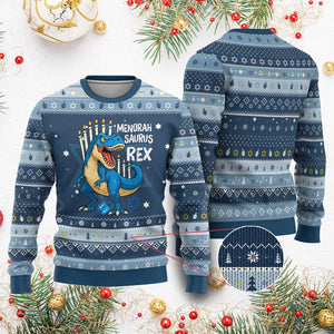 Funny Chanukah Dinosaur Hanukkah Ugly Sweater Menorasaurus Rex Jewish Holiday TS11 Navy Light Blue Print Your Wear
