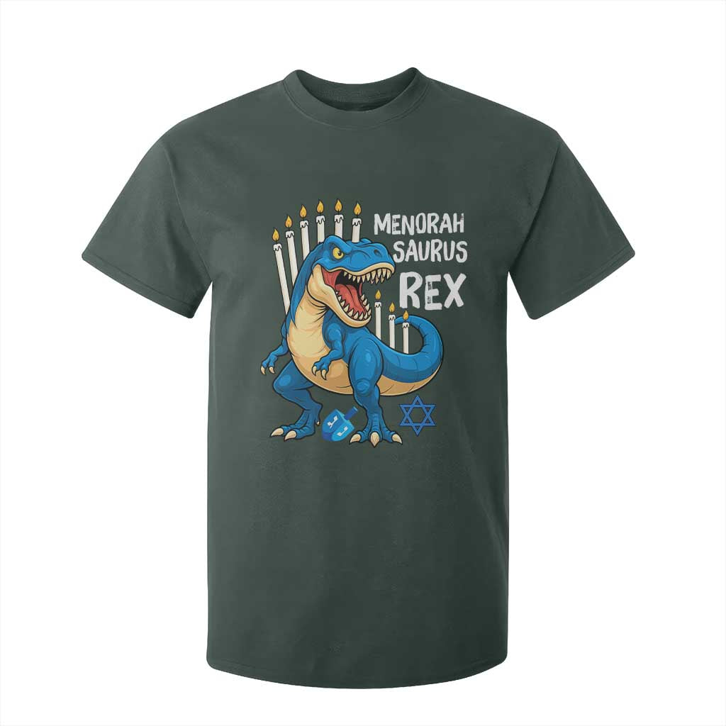 Funny Hanukkah Dinosaur T Shirt For Kid Menorasaurus Rex Jewish Holiday Chanukkah TS11 Dark Forest Green Print Your Wear