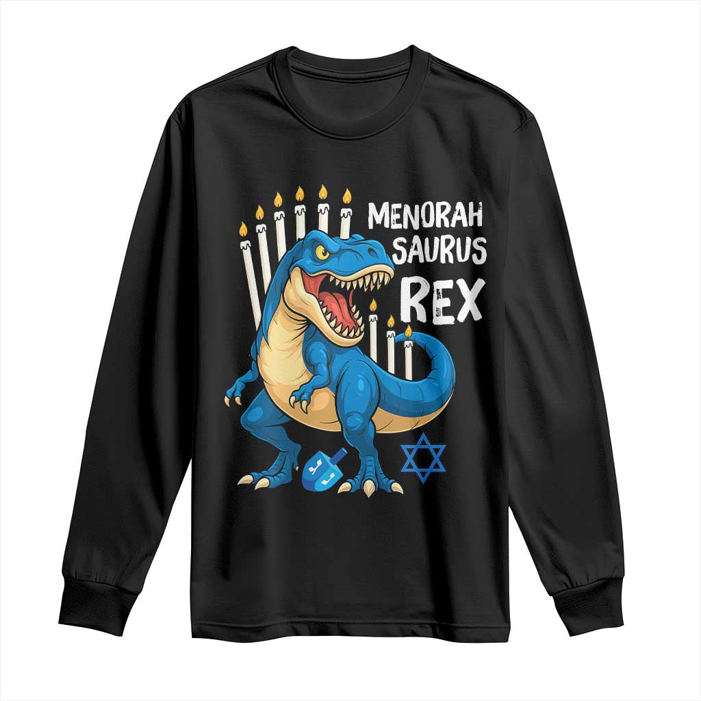 Funny Hanukkah Dinosaur Long Sleeve Shirt Menorasaurus Rex Jewish Holiday Chanukkah TS11 Black Print Your Wear