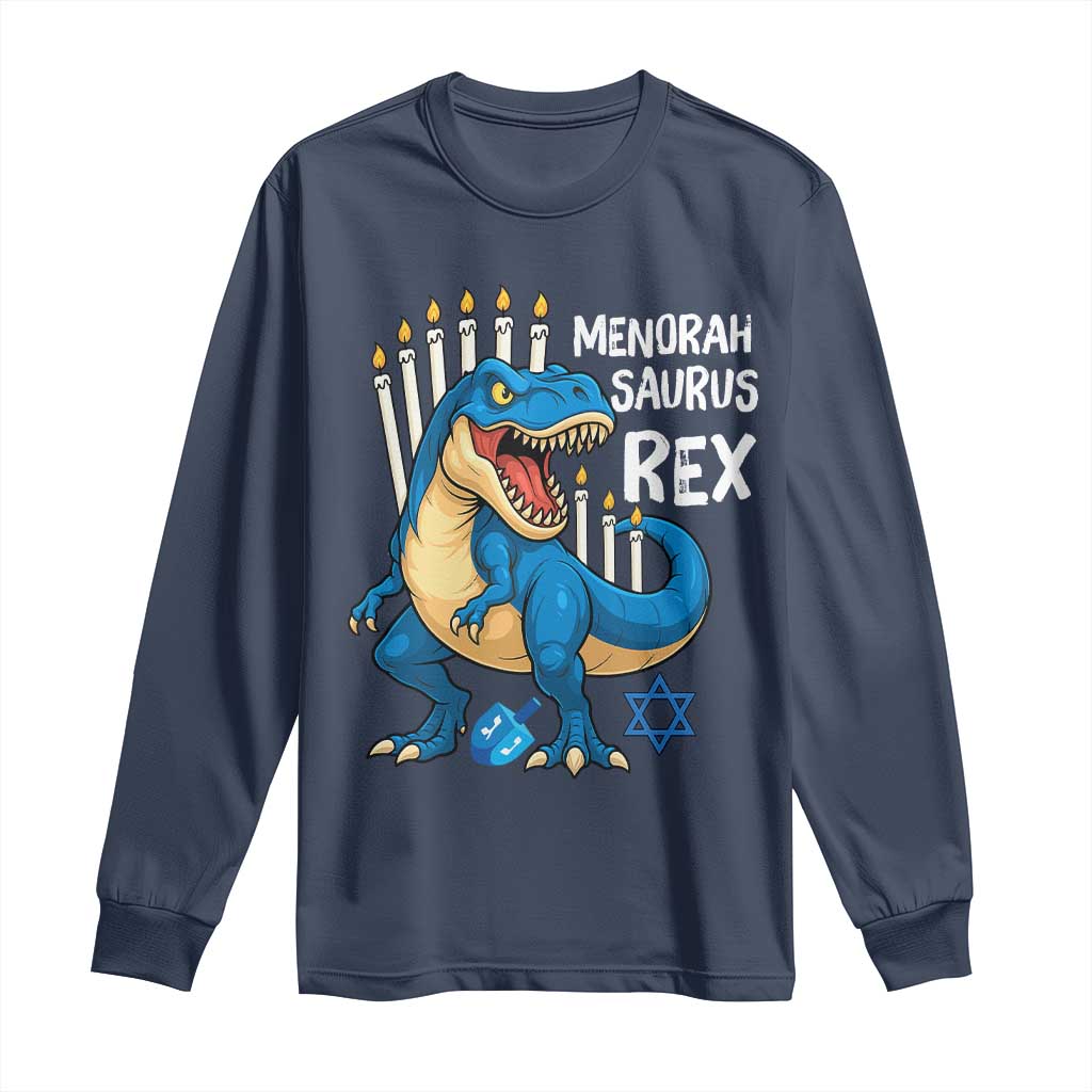 Funny Hanukkah Dinosaur Long Sleeve Shirt Menorasaurus Rex Jewish Holiday Chanukkah TS11 Navy Print Your Wear