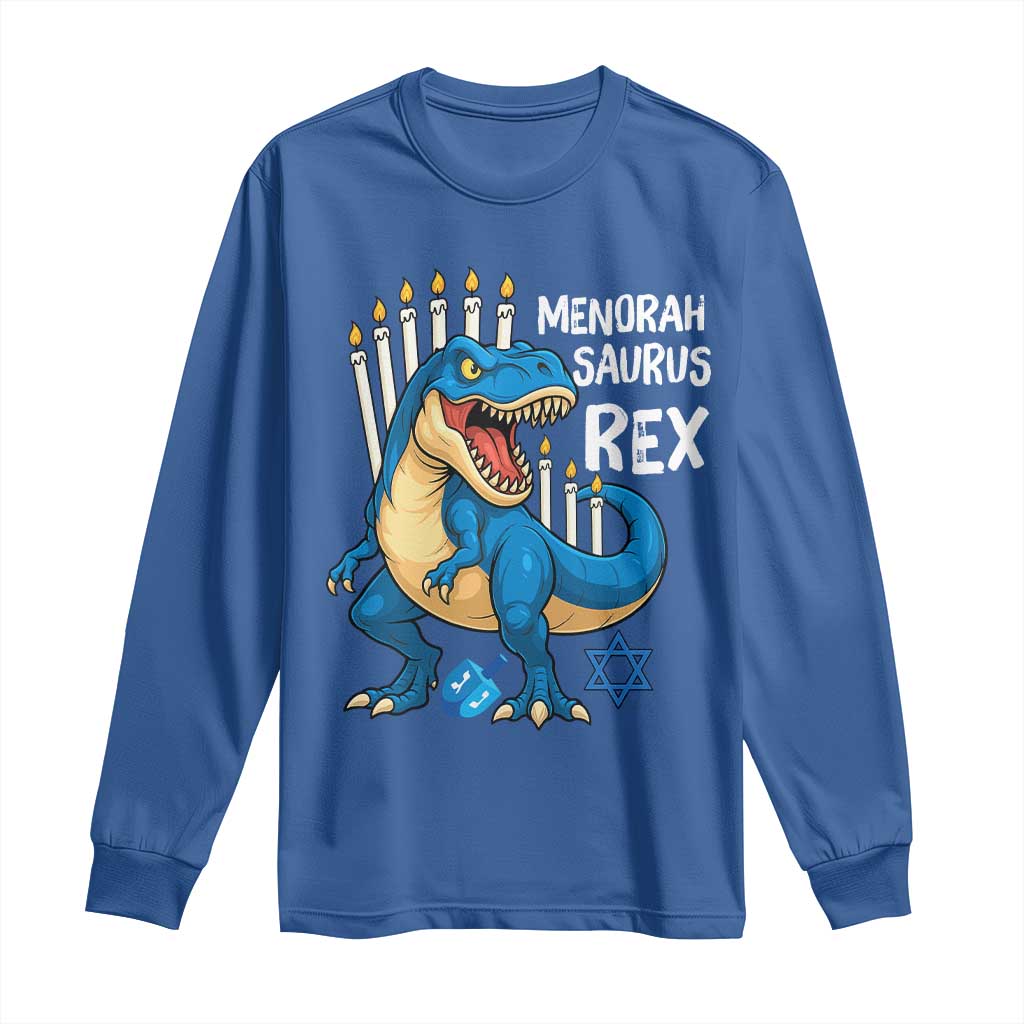 Funny Hanukkah Dinosaur Long Sleeve Shirt Menorasaurus Rex Jewish Holiday Chanukkah TS11 Royal Blue Print Your Wear