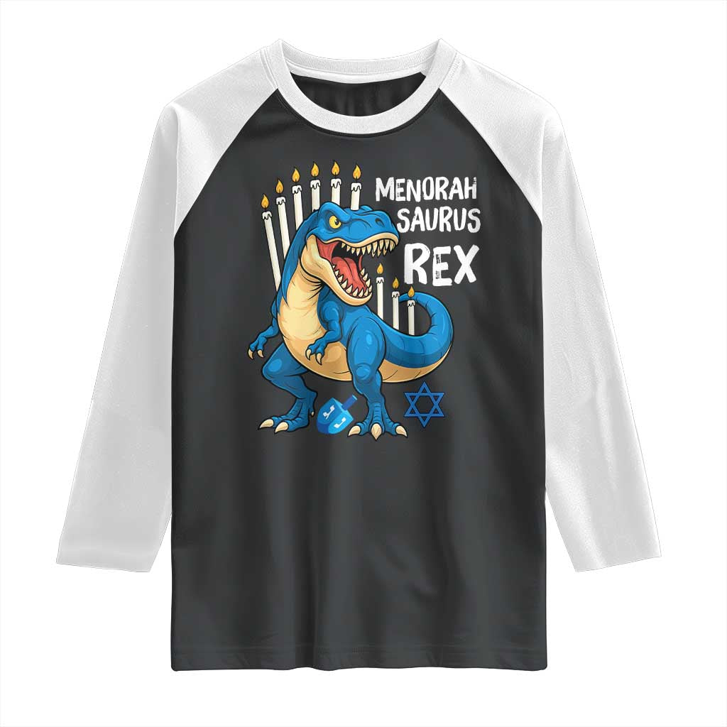 Funny Hanukkah Dinosaur Raglan Shirt Menorasaurus Rex Jewish Holiday Chanukkah TS11 Black White Print Your Wear
