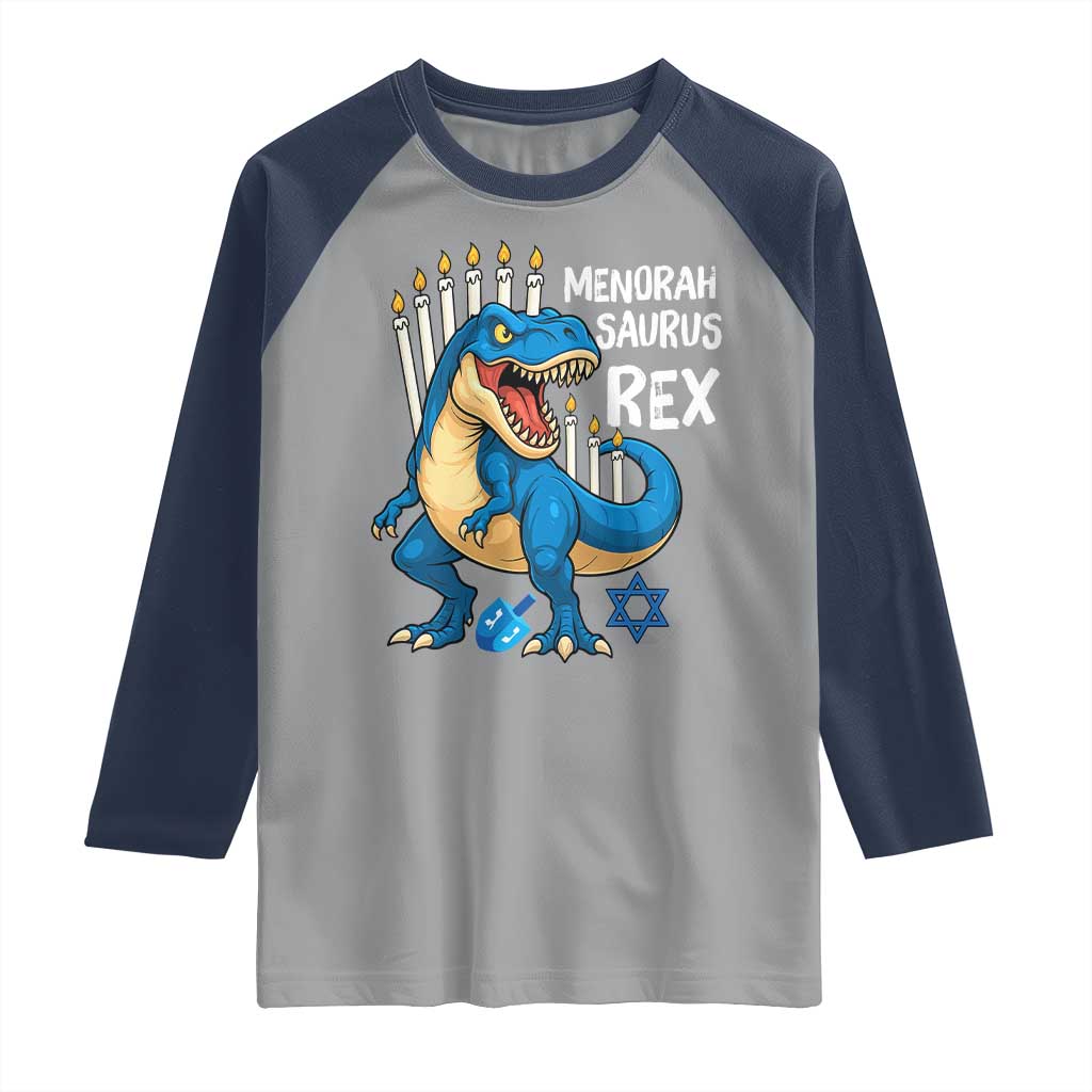 Funny Hanukkah Dinosaur Raglan Shirt Menorasaurus Rex Jewish Holiday Chanukkah TS11 Sport Gray Navy Print Your Wear
