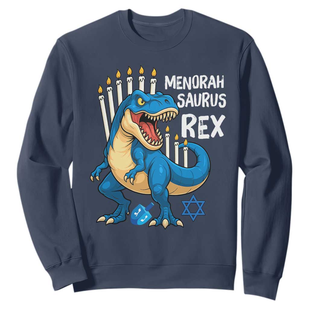Funny Hanukkah Dinosaur Sweatshirt Menorasaurus Rex Jewish Holiday Chanukkah TS11 Navy Print Your Wear