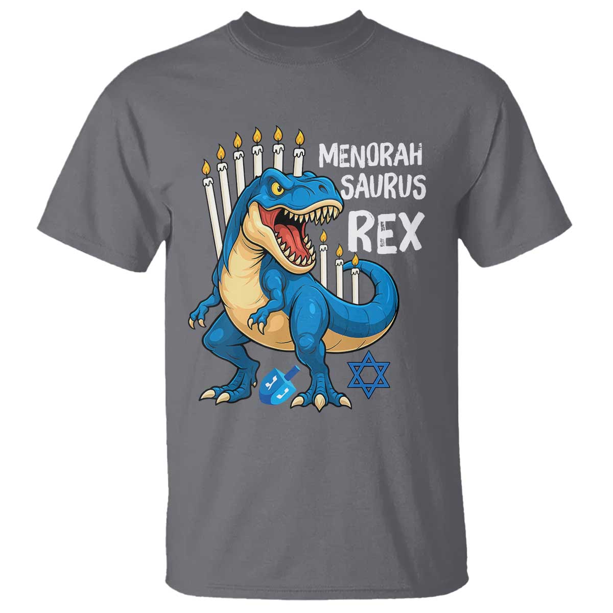 Funny Hanukkah Dinosaur T Shirt Menorasaurus Rex Jewish Holiday Chanukkah TS11 Charcoal Print Your Wear