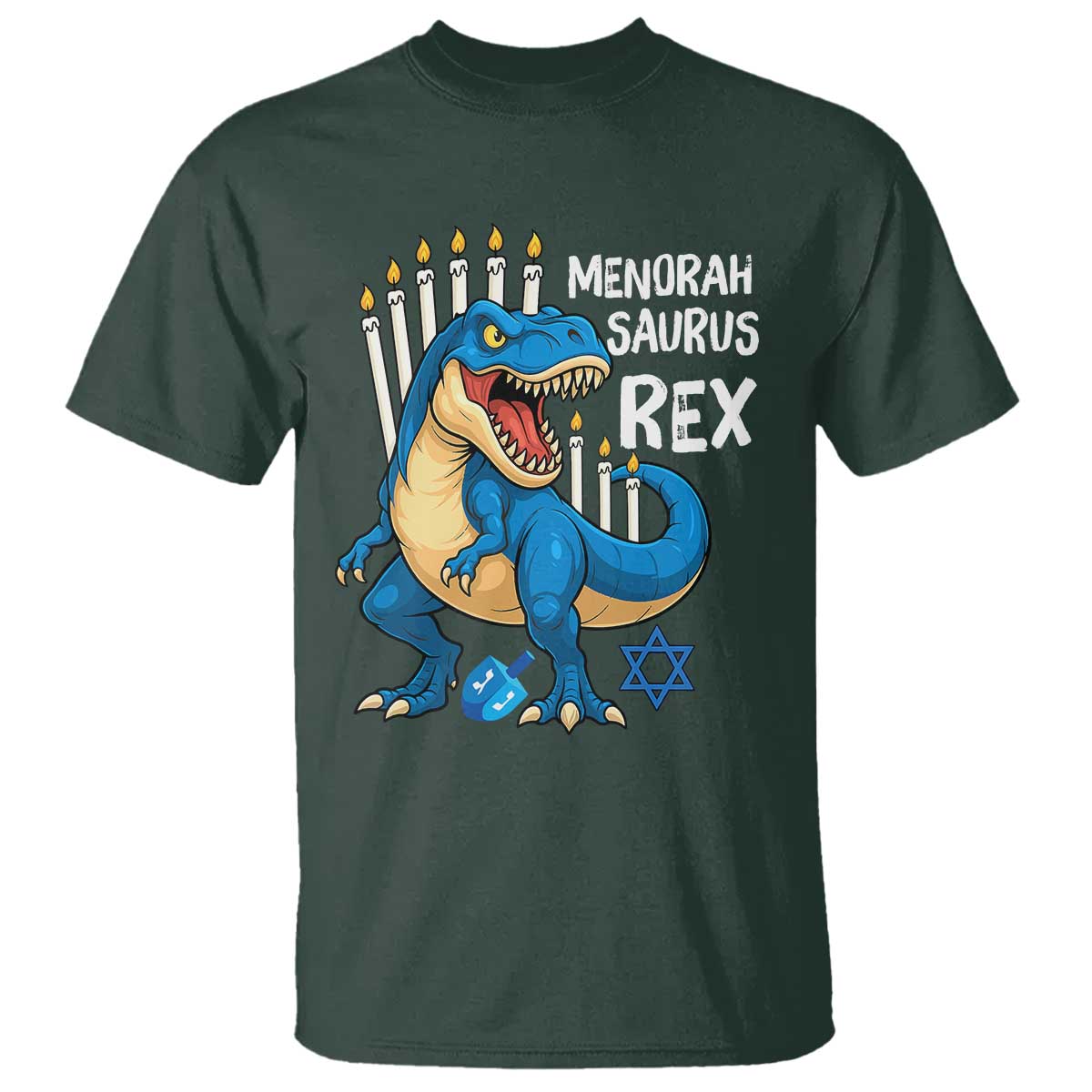 Funny Hanukkah Dinosaur T Shirt Menorasaurus Rex Jewish Holiday Chanukkah TS11 Dark Forest Green Print Your Wear
