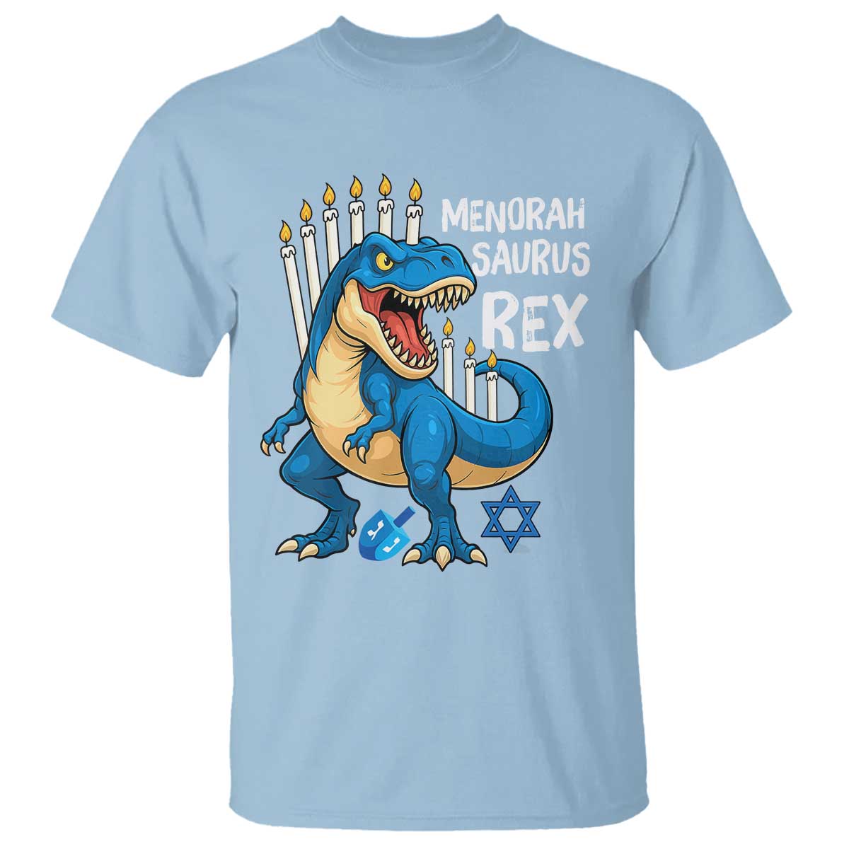 Funny Hanukkah Dinosaur T Shirt Menorasaurus Rex Jewish Holiday Chanukkah TS11 Light Blue Print Your Wear