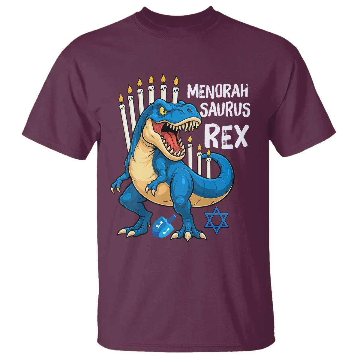 Funny Hanukkah Dinosaur T Shirt Menorasaurus Rex Jewish Holiday Chanukkah TS11 Maroon Print Your Wear