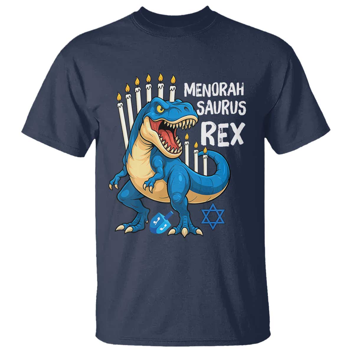 Funny Hanukkah Dinosaur T Shirt Menorasaurus Rex Jewish Holiday Chanukkah TS11 Navy Print Your Wear