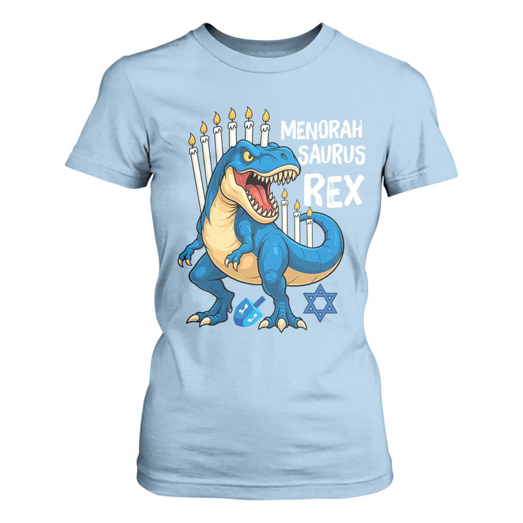 Funny Hanukkah Dinosaur T Shirt For Women Menorasaurus Rex Jewish Holiday Chanukkah TS11 Light Blue Print Your Wear