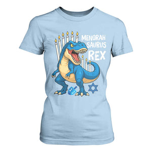 Funny Hanukkah Dinosaur T Shirt For Women Menorasaurus Rex Jewish Holiday Chanukkah TS11 Light Blue Print Your Wear