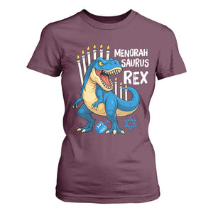 Funny Hanukkah Dinosaur T Shirt For Women Menorasaurus Rex Jewish Holiday Chanukkah TS11 Maroon Print Your Wear