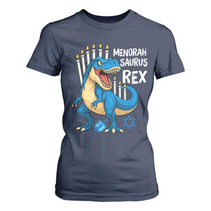 Funny Hanukkah Dinosaur T Shirt For Women Menorasaurus Rex Jewish Holiday Chanukkah TS11 Navy Print Your Wear