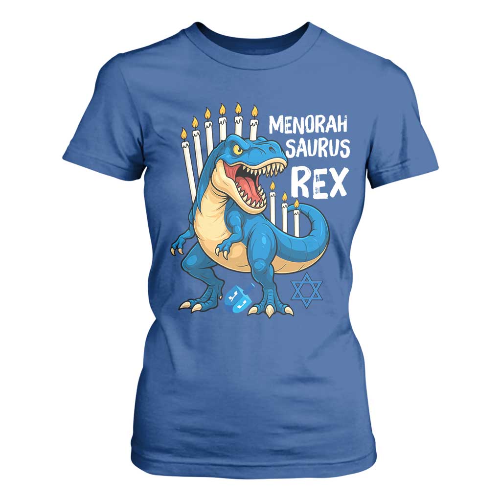 Funny Hanukkah Dinosaur T Shirt For Women Menorasaurus Rex Jewish Holiday Chanukkah TS11 Royal Blue Print Your Wear