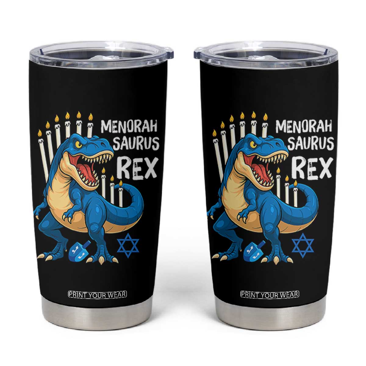 Funny Hanukkah Dinosaur Tumbler Cup Menorasaurus Rex Jewish Holiday Chanukkah TS11 Black Print Your Wear