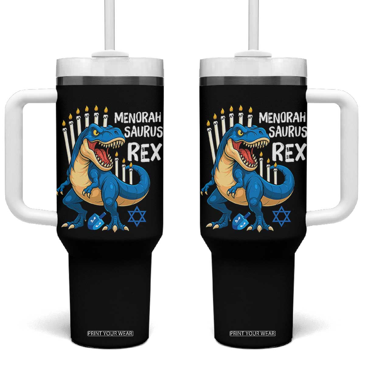 Funny Hanukkah Dinosaur Tumbler With Handle Menorasaurus Rex Jewish Holiday Chanukkah TS11 One Size: 40 oz Black Print Your Wear