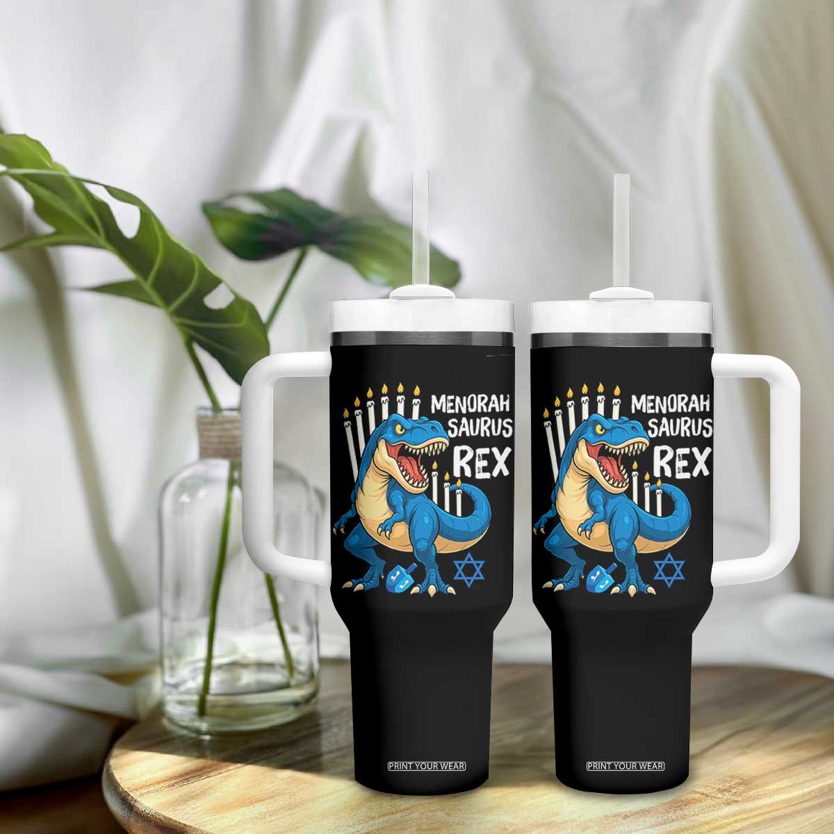 Funny Hanukkah Dinosaur Tumbler With Handle Menorasaurus Rex Jewish Holiday Chanukkah TS11 Print Your Wear