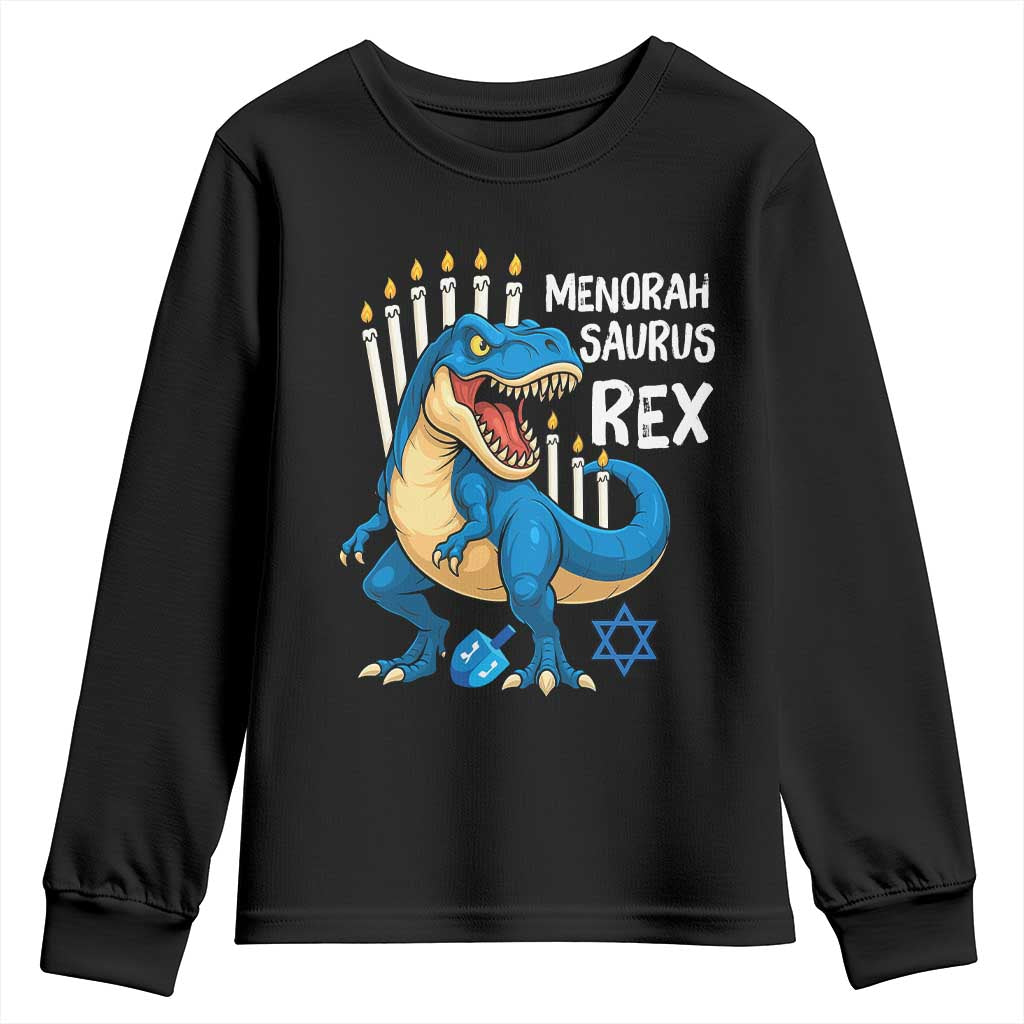 Funny Hanukkah Dinosaur Youth Sweatshirt Menorasaurus Rex Jewish Holiday Chanukkah TS11 Black Print Your Wear