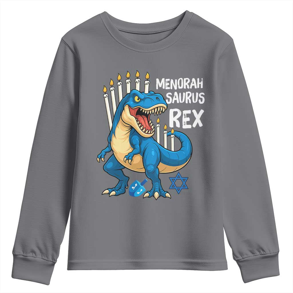 Funny Hanukkah Dinosaur Youth Sweatshirt Menorasaurus Rex Jewish Holiday Chanukkah TS11 Charcoal Print Your Wear