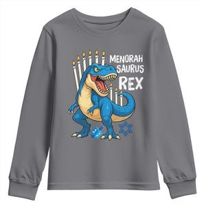 Funny Hanukkah Dinosaur Youth Sweatshirt Menorasaurus Rex Jewish Holiday Chanukkah TS11 Charcoal Print Your Wear