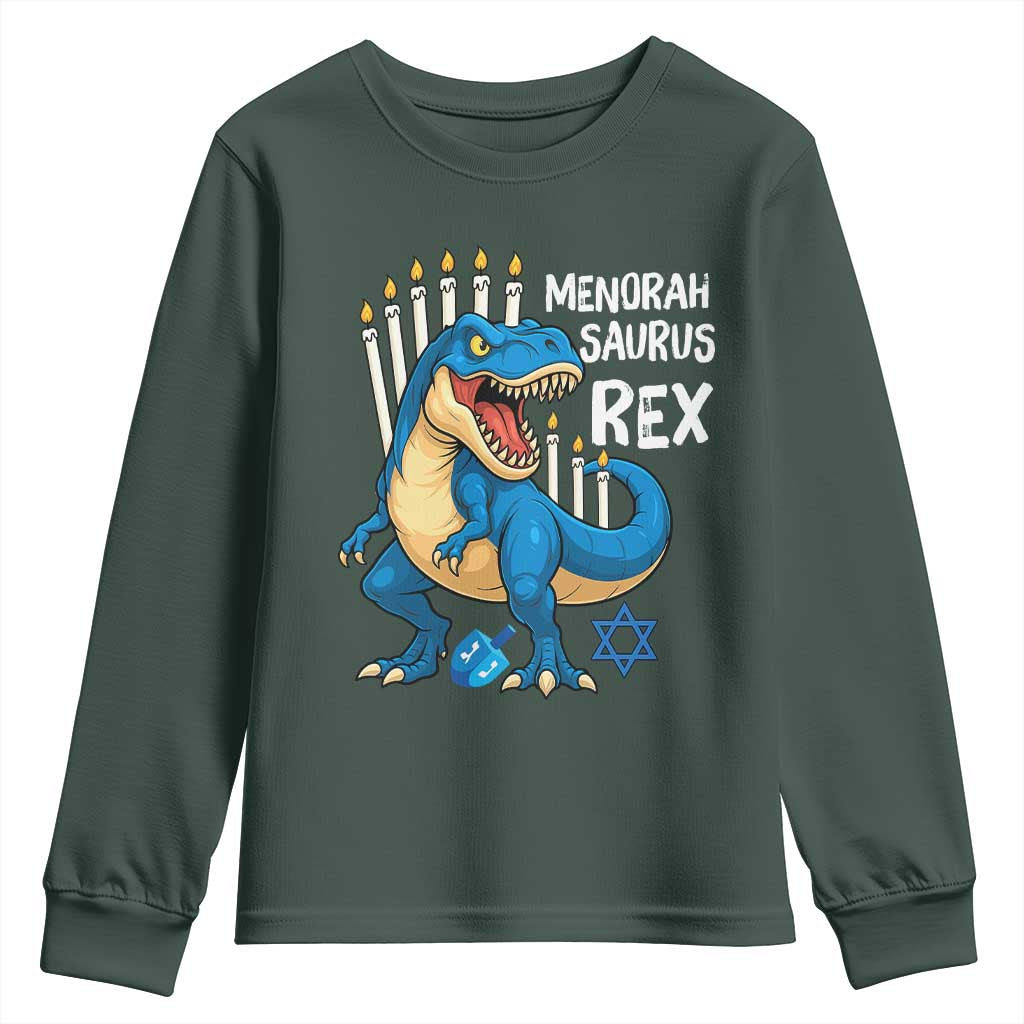 Funny Hanukkah Dinosaur Youth Sweatshirt Menorasaurus Rex Jewish Holiday Chanukkah TS11 Dark Forest Green Print Your Wear