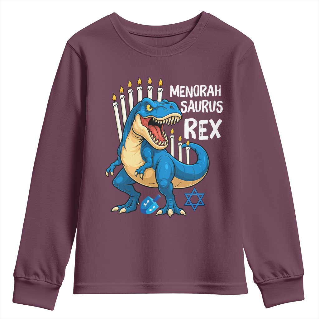Funny Hanukkah Dinosaur Youth Sweatshirt Menorasaurus Rex Jewish Holiday Chanukkah TS11 Maroon Print Your Wear