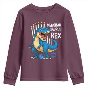 Funny Hanukkah Dinosaur Youth Sweatshirt Menorasaurus Rex Jewish Holiday Chanukkah TS11 Maroon Print Your Wear