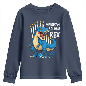 Funny Hanukkah Dinosaur Youth Sweatshirt Menorasaurus Rex Jewish Holiday Chanukkah TS11 Navy Print Your Wear