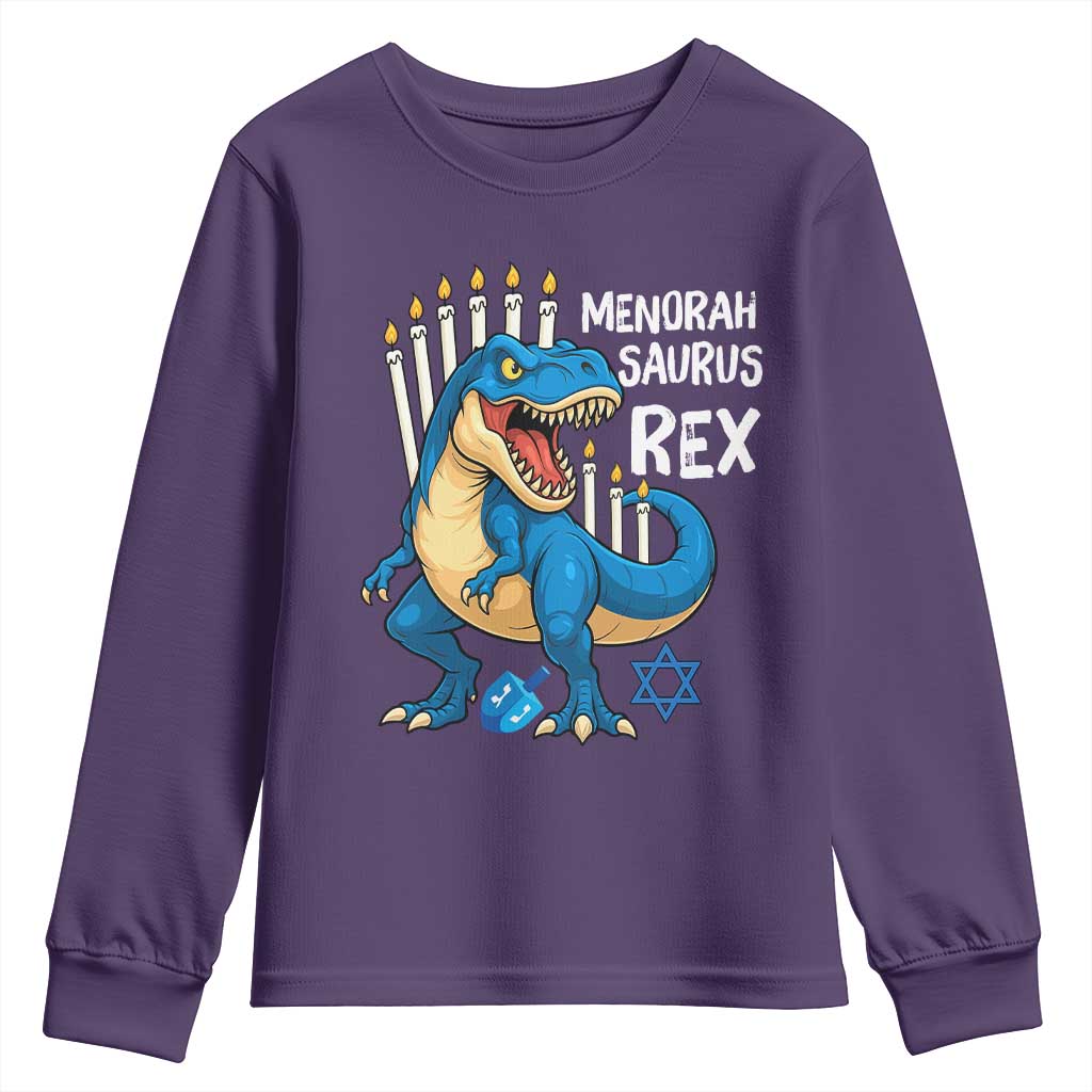 Funny Hanukkah Dinosaur Youth Sweatshirt Menorasaurus Rex Jewish Holiday Chanukkah TS11 Purple Print Your Wear