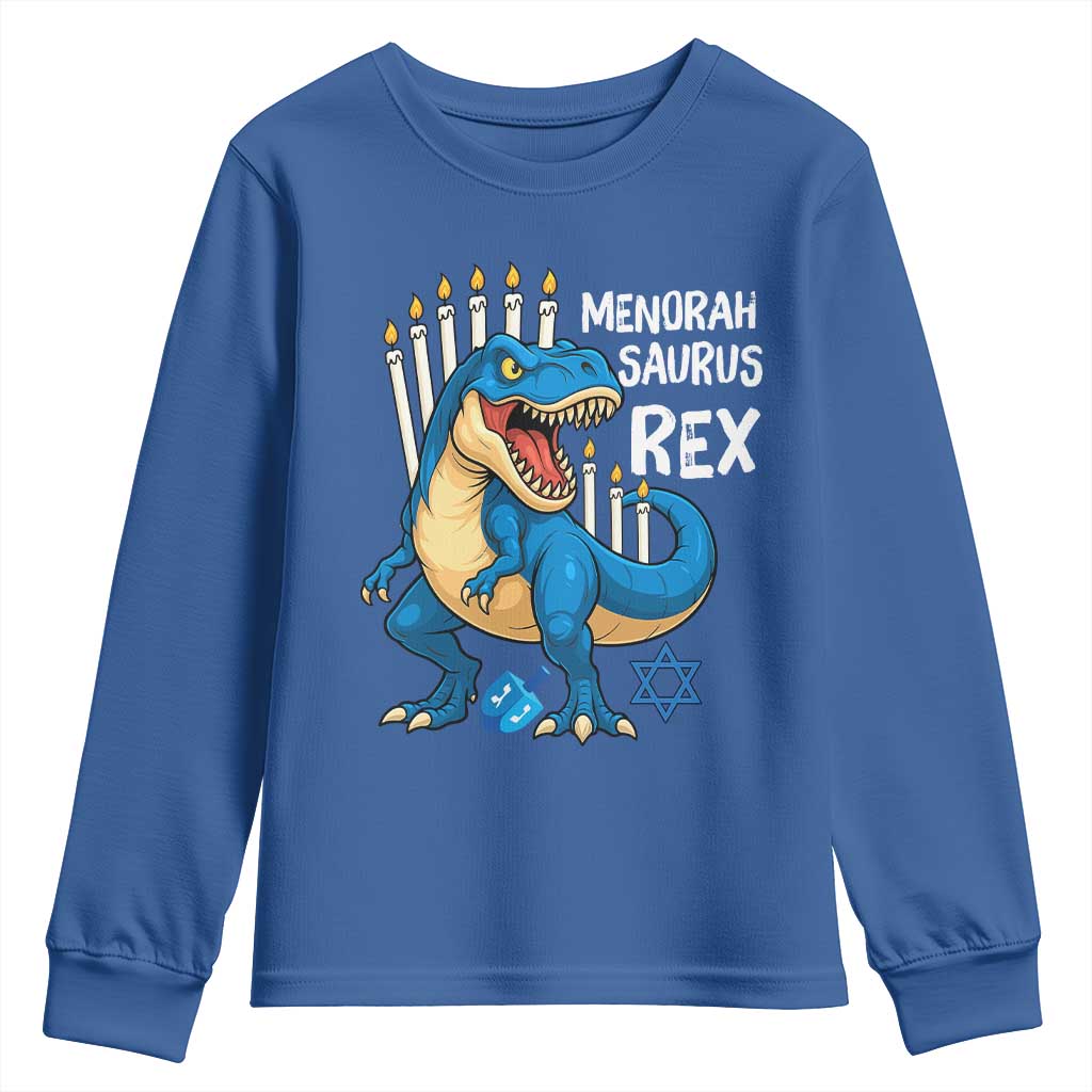 Funny Hanukkah Dinosaur Youth Sweatshirt Menorasaurus Rex Jewish Holiday Chanukkah TS11 Royal Blue Print Your Wear