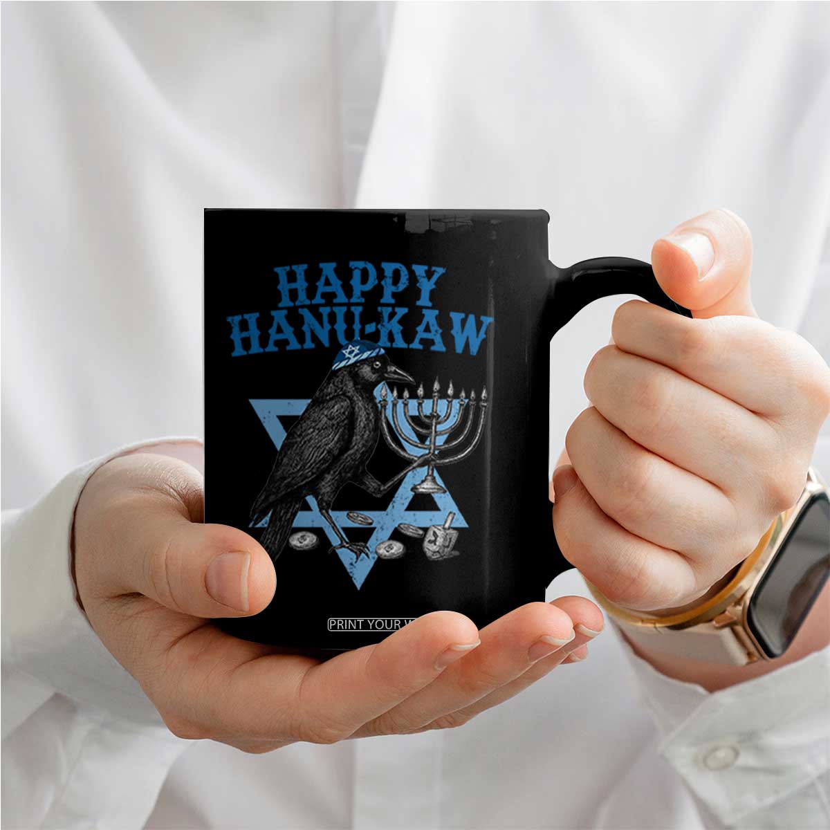 Funny Hanukkah Crow Coffee Mug Happy Hanukaw Jewish Holiday Chanukah Menorah TS11 Print Your Wear