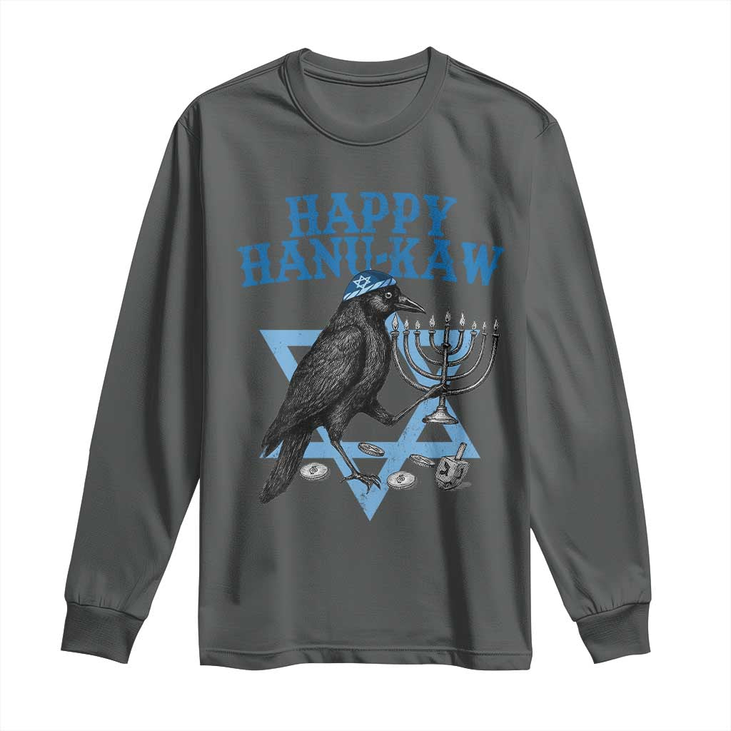 Funny Hanukkah Crow Long Sleeve Shirt Happy Hanukaw Jewish Holiday Chanukah Menorah TS11 Dark Heather Print Your Wear
