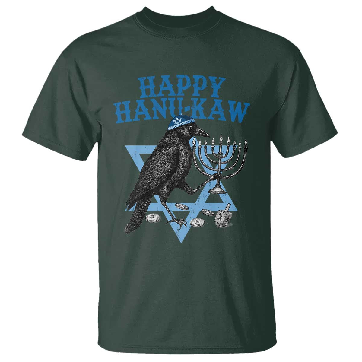 Funny Hanukkah Crow T Shirt Happy Hanukaw Jewish Holiday Chanukah Menorah TS11 Dark Forest Green Print Your Wear