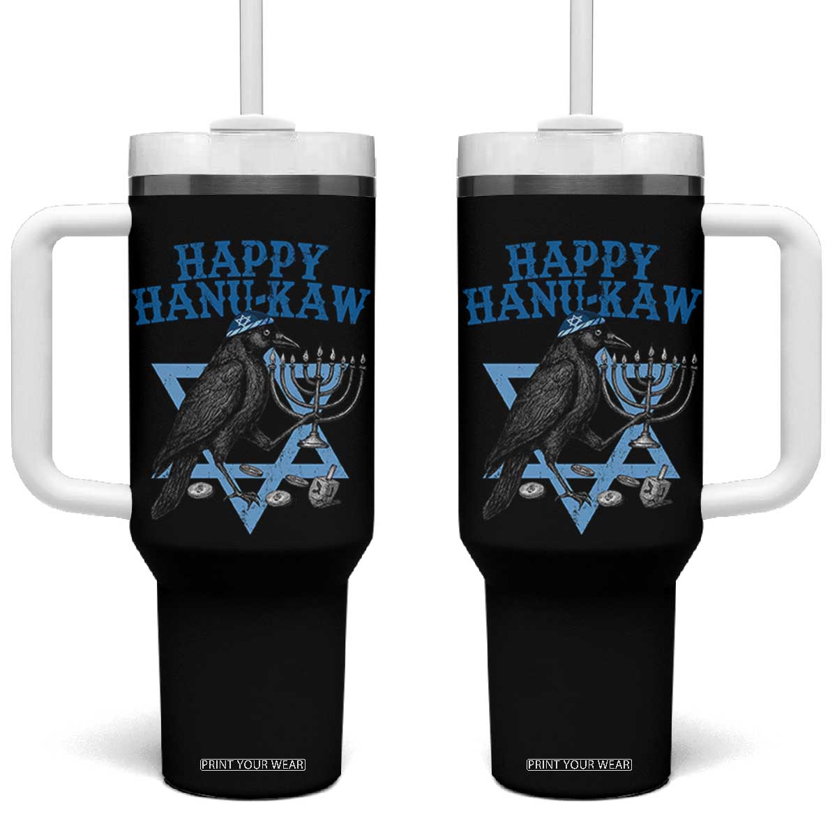 Funny Hanukkah Crow Tumbler With Handle Happy Hanukaw Jewish Holiday Chanukah Menorah TS11 One Size: 40 oz Black Print Your Wear