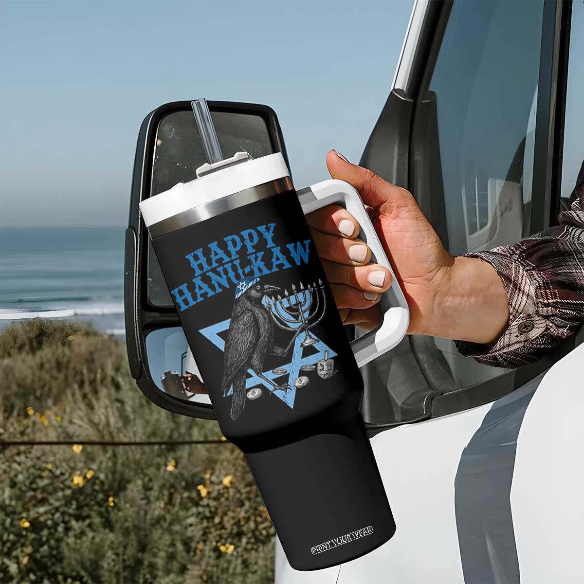 Funny Hanukkah Crow Tumbler With Handle Happy Hanukaw Jewish Holiday Chanukah Menorah TS11 Print Your Wear