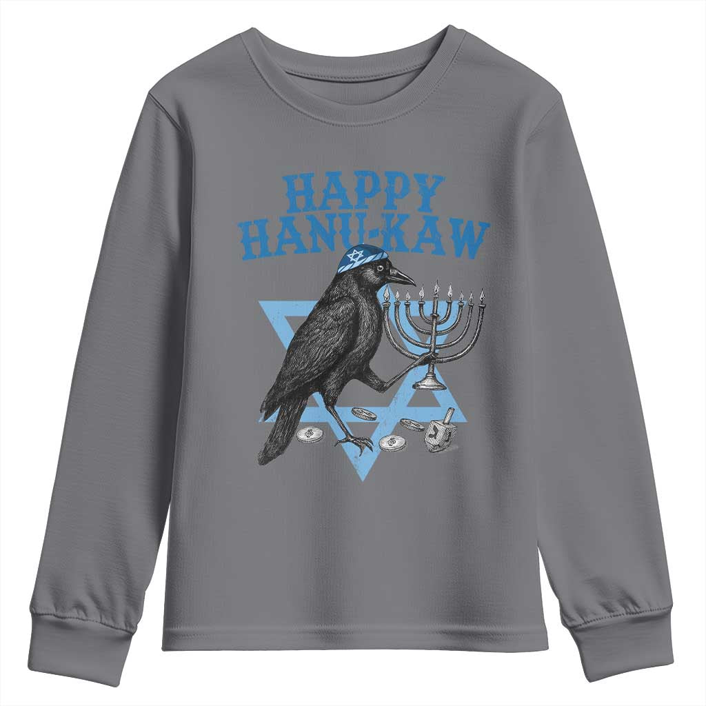 Funny Hanukkah Crow Youth Sweatshirt Happy Hanukaw Jewish Holiday Chanukah Menorah TS11 Charcoal Print Your Wear