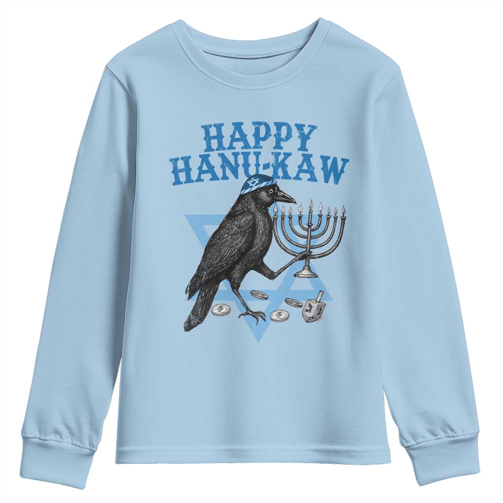 Funny Hanukkah Crow Youth Sweatshirt Happy Hanukaw Jewish Holiday Chanukah Menorah TS11 Light Blue Print Your Wear