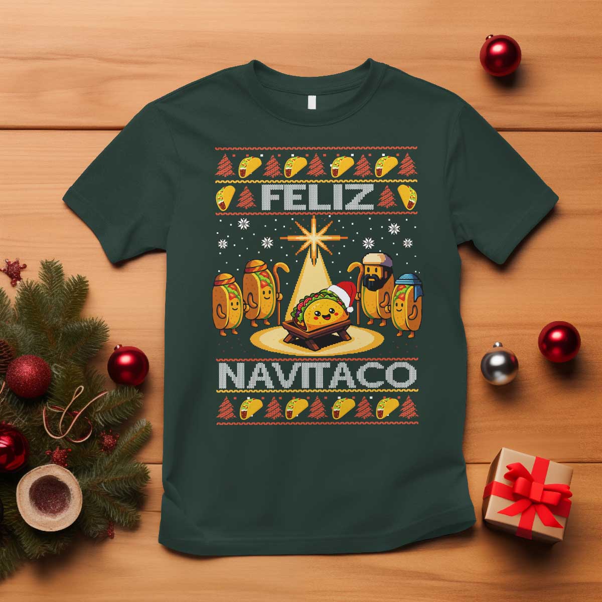 Funny Tacos Christmas Nativity Scene T Shirt Feliz Navitaco Mexican Food TS11 Dark Forest Green Print Your Wear
