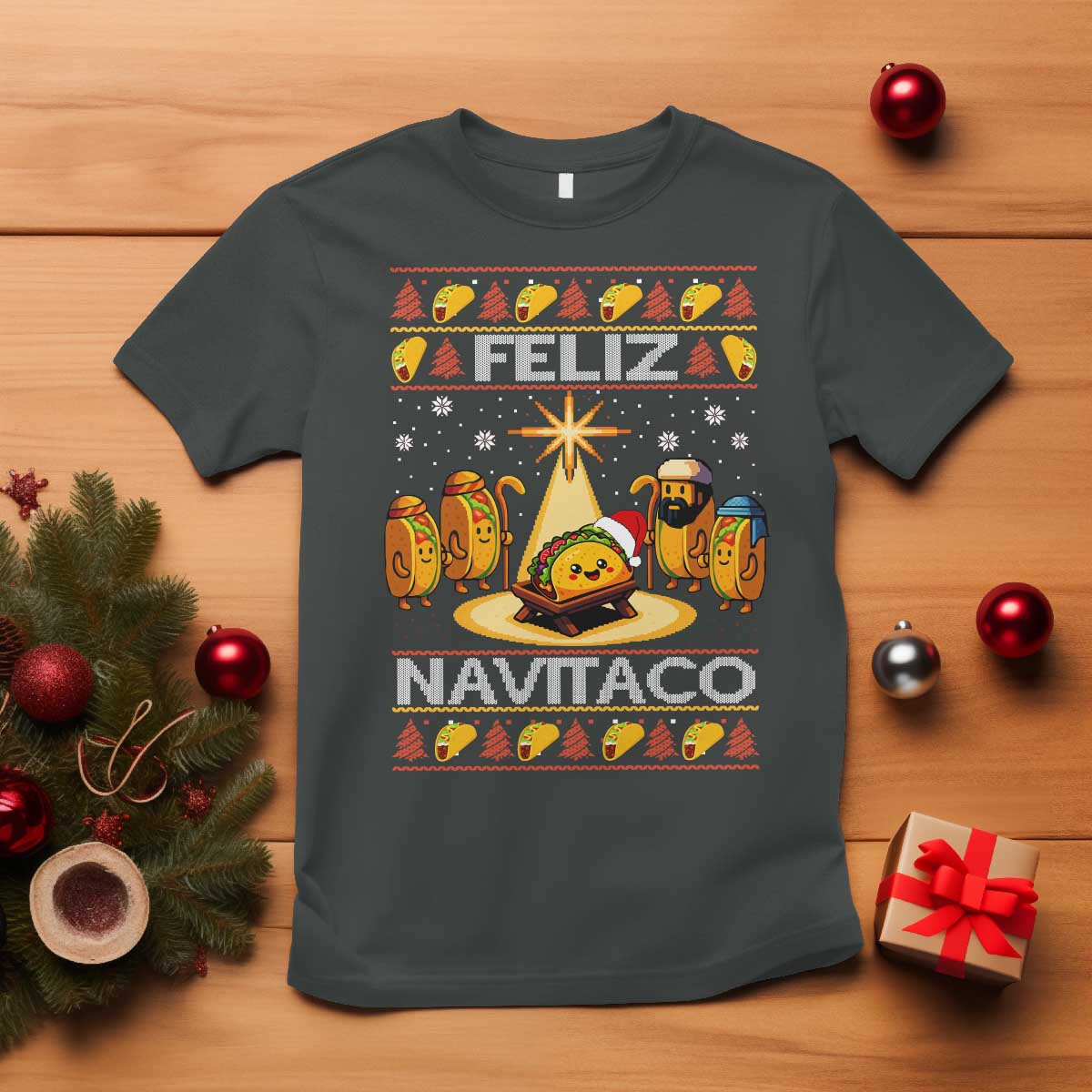 Funny Tacos Christmas Nativity Scene T Shirt Feliz Navitaco Mexican Food TS11 Dark Heather Print Your Wear