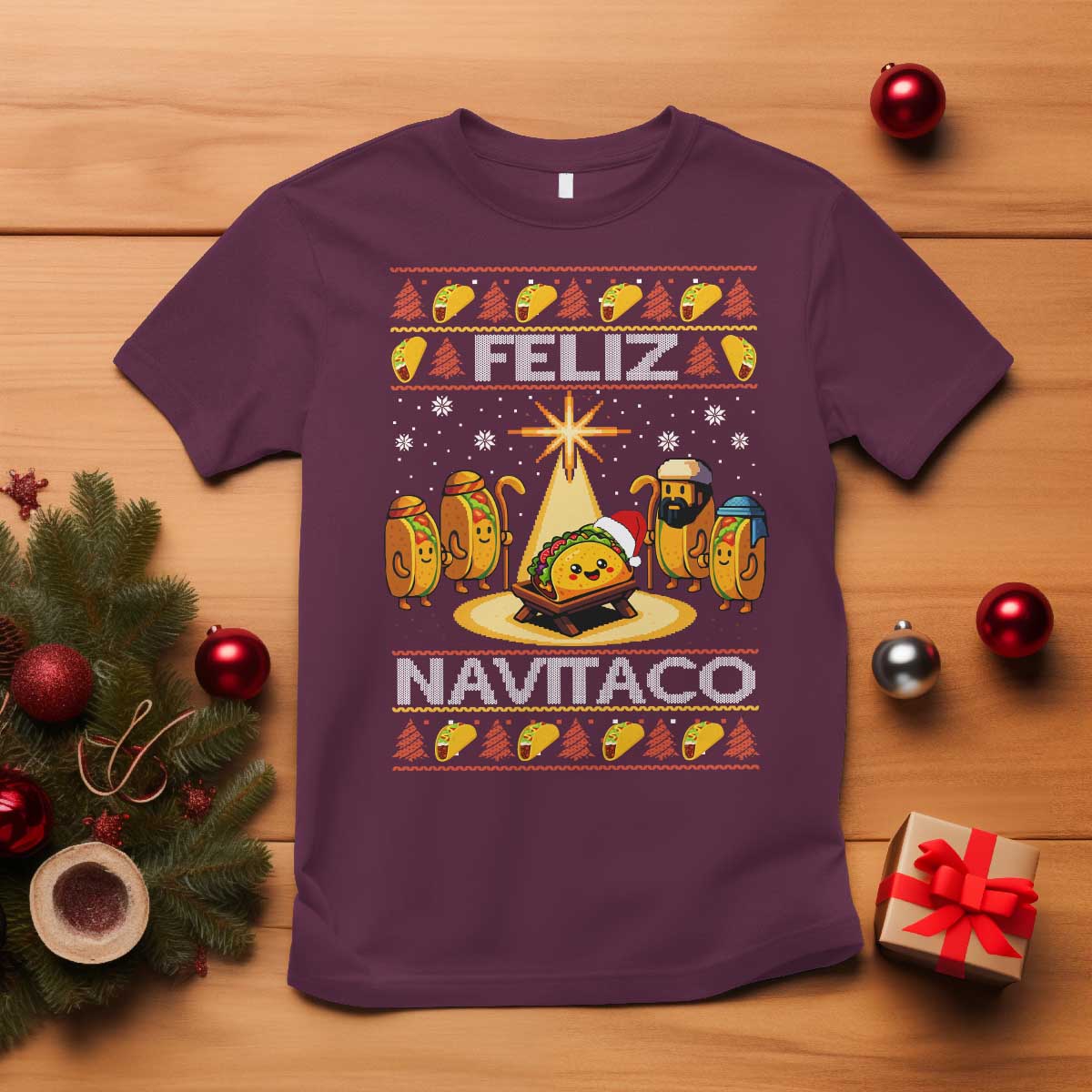 Funny Tacos Christmas Nativity Scene T Shirt Feliz Navitaco Mexican Food TS11 Maroon Print Your Wear
