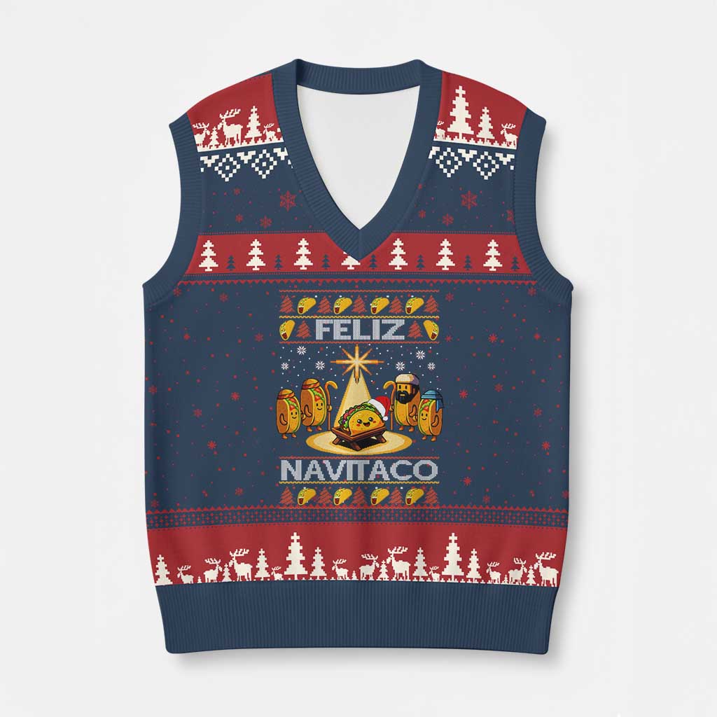 Funny Tacos Xmas Nativity Scene V-Neck Knit Sweater Vest Feliz Navitaco Mexican Food TS11 Navy Red Print Your Wear