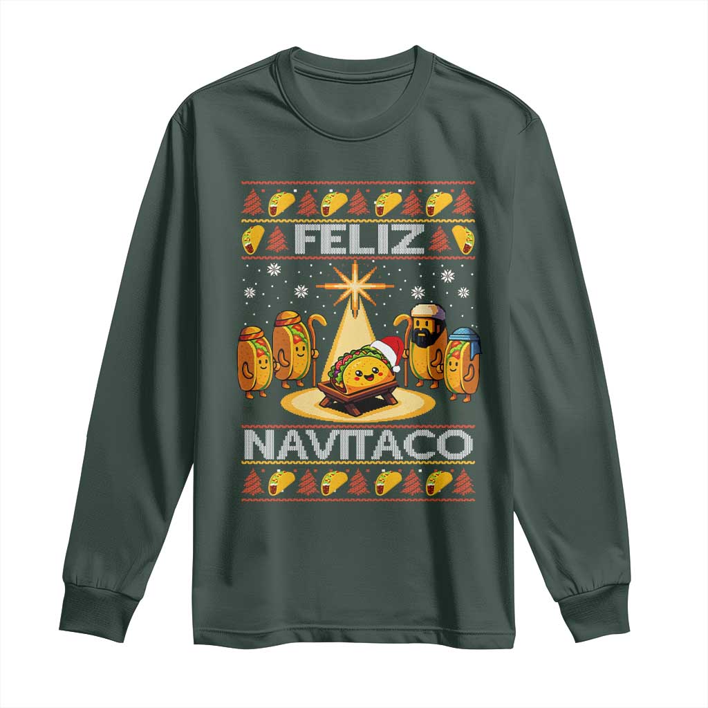 Funny Tacos Christmas Nativity Scene Long Sleeve Shirt Feliz Navitaco Mexican Food TS11 Dark Forest Green Print Your Wear
