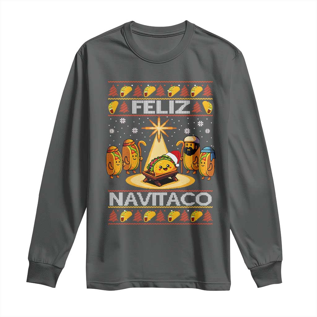 Funny Tacos Christmas Nativity Scene Long Sleeve Shirt Feliz Navitaco Mexican Food TS11 Dark Heather Print Your Wear
