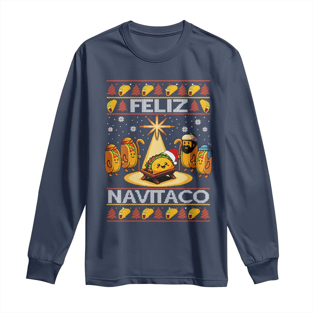 Funny Tacos Christmas Nativity Scene Long Sleeve Shirt Feliz Navitaco Mexican Food TS11 Navy Print Your Wear