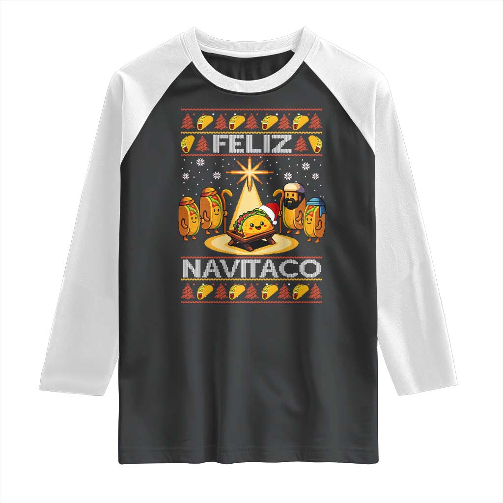 Funny Tacos Christmas Nativity Scene Raglan Shirt Feliz Navitaco Mexican Food TS11 Black White Print Your Wear