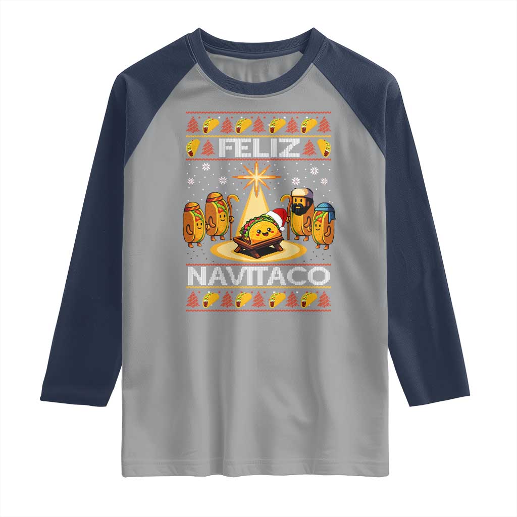 Funny Tacos Christmas Nativity Scene Raglan Shirt Feliz Navitaco Mexican Food TS11 Sport Gray Navy Print Your Wear