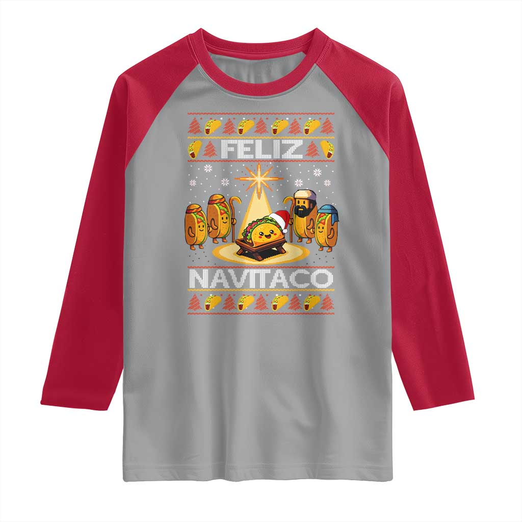 Funny Tacos Christmas Nativity Scene Raglan Shirt Feliz Navitaco Mexican Food TS11 Sport Gray Red Print Your Wear