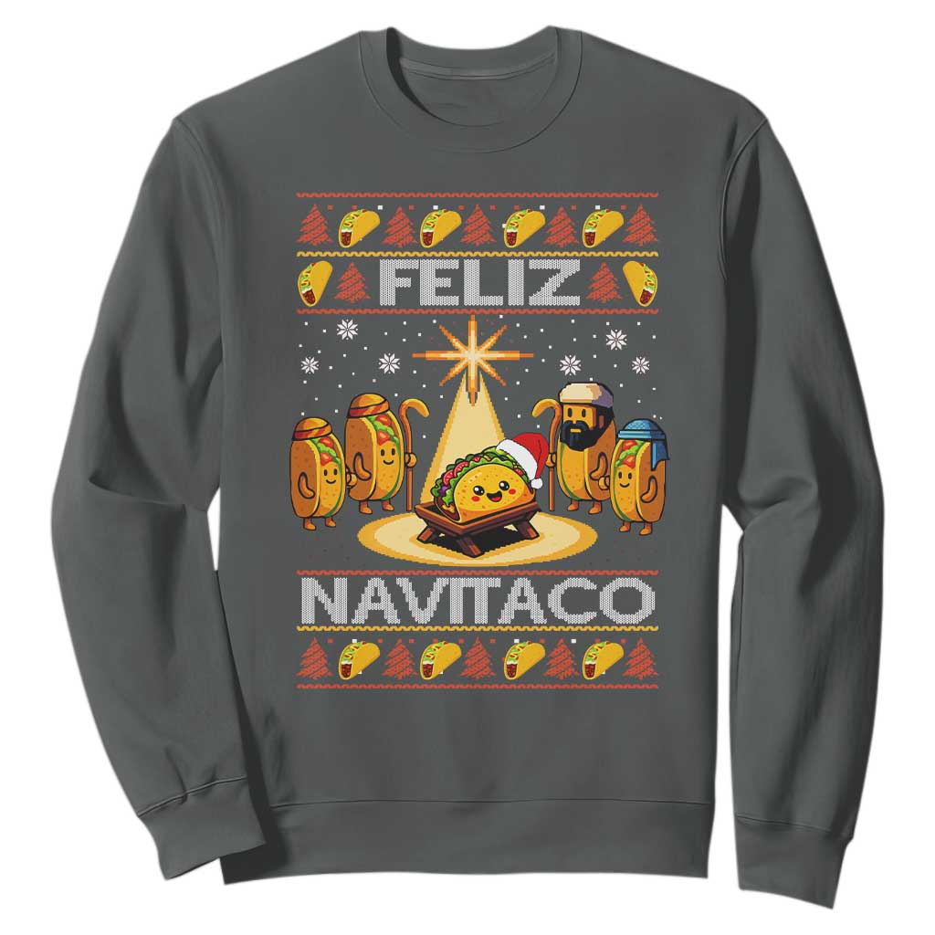 Funny Tacos Christmas Nativity Scene Sweatshirt Feliz Navitaco Mexican Food TS11 Dark Heather Print Your Wear