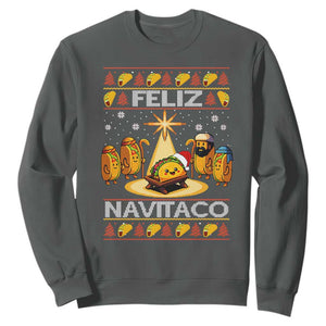 Funny Tacos Christmas Nativity Scene Sweatshirt Feliz Navitaco Mexican Food TS11 Dark Heather Print Your Wear