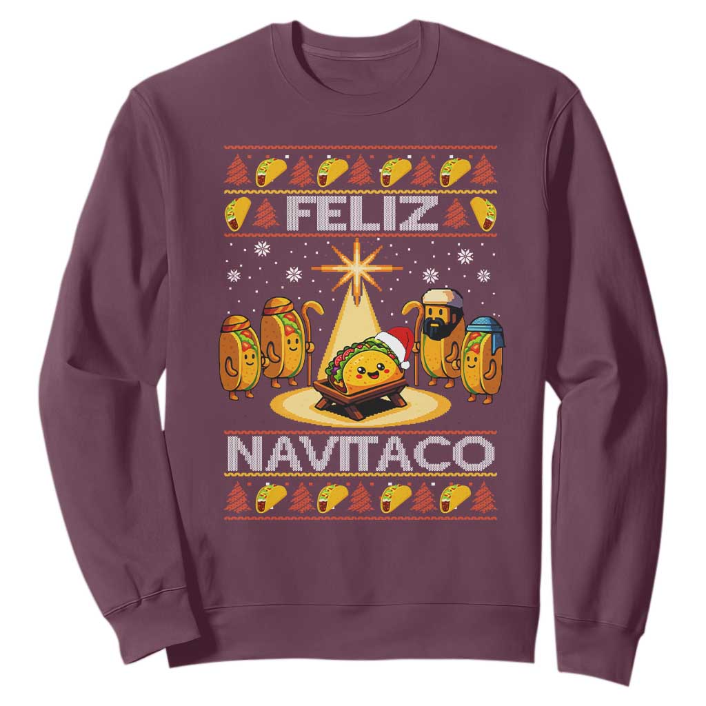 Funny Tacos Christmas Nativity Scene Sweatshirt Feliz Navitaco Mexican Food TS11 Maroon Print Your Wear